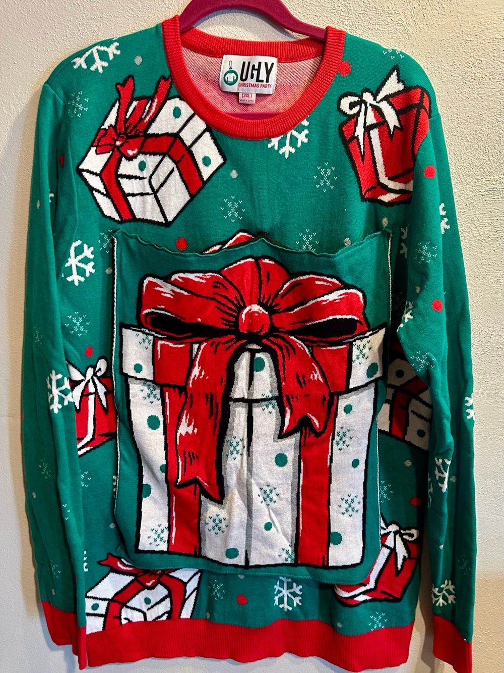 Ugly Christmas Sweater Green Red White Gift Box Crewneck